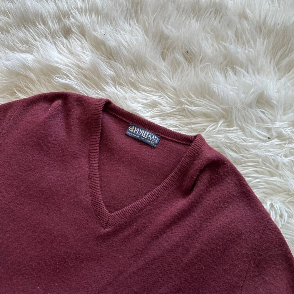 PURITAN Vtg 80s USA Orlon Acrylic Red‎ Knit V Neck SWEATER MEN'S L Large
